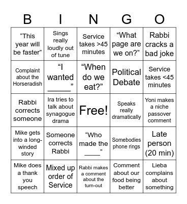 Passover Seder Bingo Card