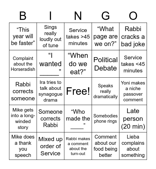 Passover Seder Bingo Card