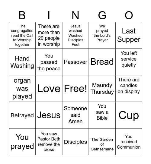 Maundy Thursday Bingo Card