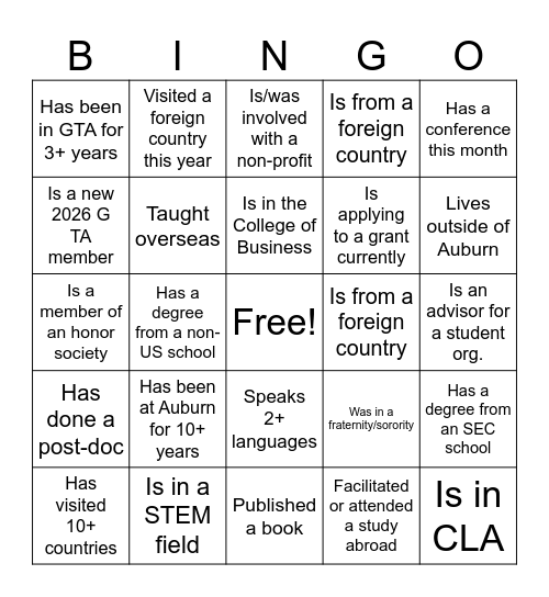 GTA 2026 Awards Ceremony Icebreaker Bingo Card