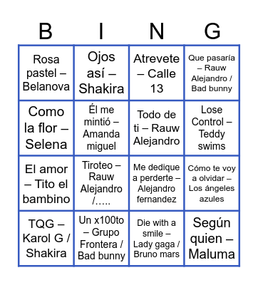 Songs Bingo Card