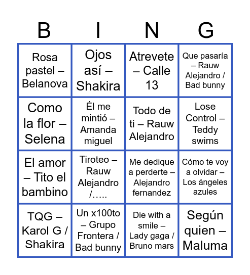 Songs Bingo Card
