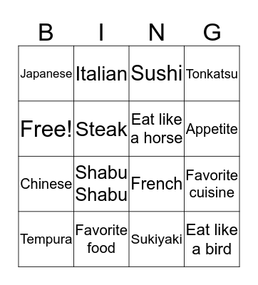 Favorite food Bingo Card