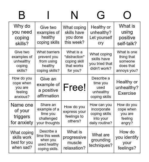 Coping Skills Bingo Card