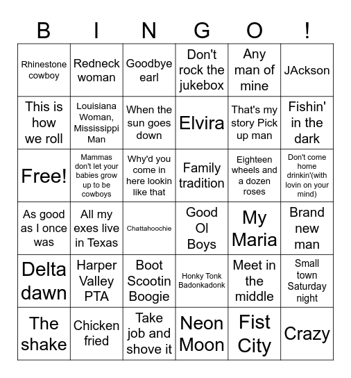 Honky Tonk Country Bingo Card