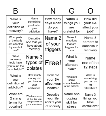 Recovery Bingo! Bingo Card
