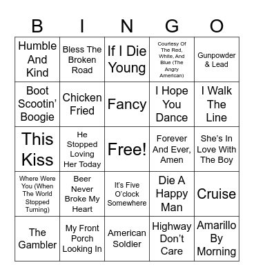 All Time Great Country Bingo Card