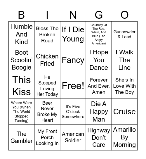 All Time Great Country Bingo Card