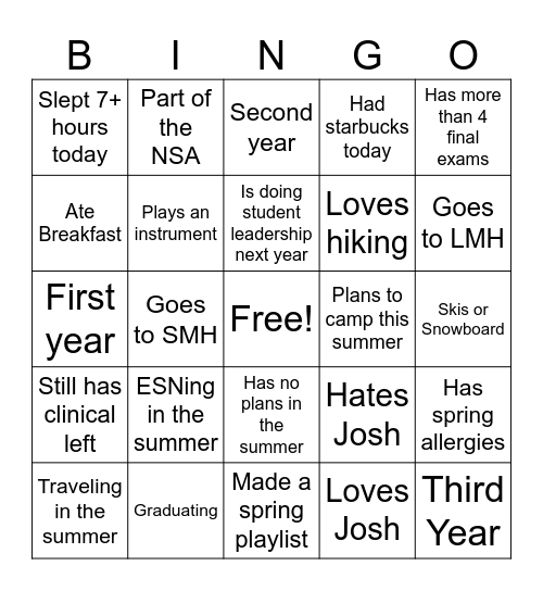 SPRING SEND-OFF Bingo Card