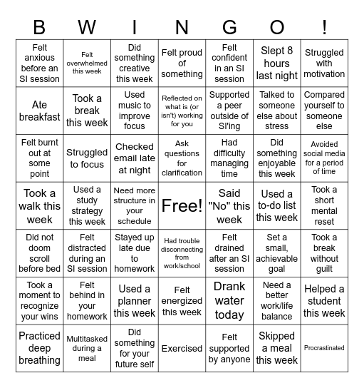 Self-Care Bwingo! Bingo Card