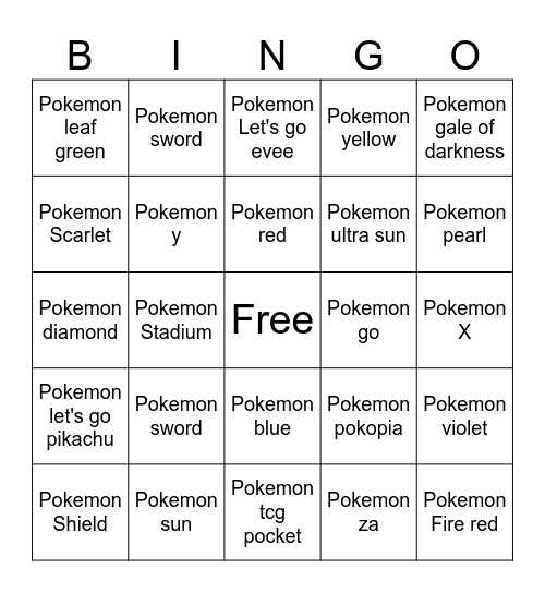 Pokemon bingo Card