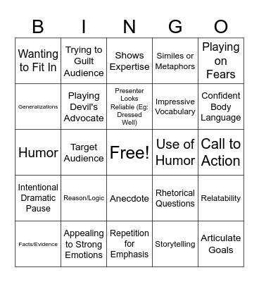 Persuasive Speaking Bingo Card