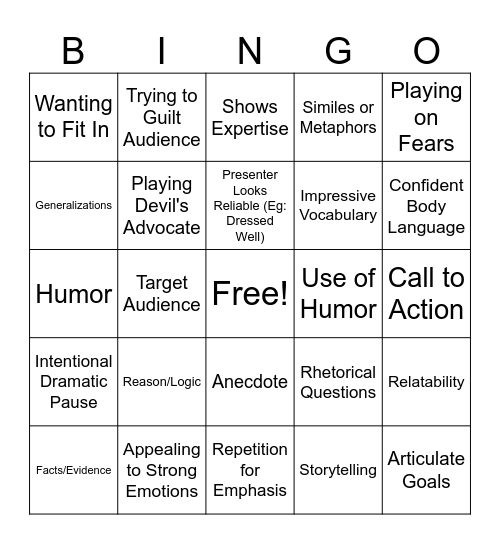 Persuasive Speaking Bingo Card