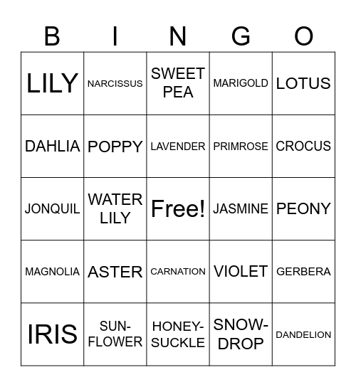 FLOWERS Bingo Card