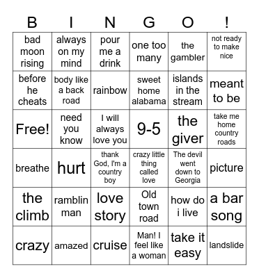 Crossover Songs Bingo Card