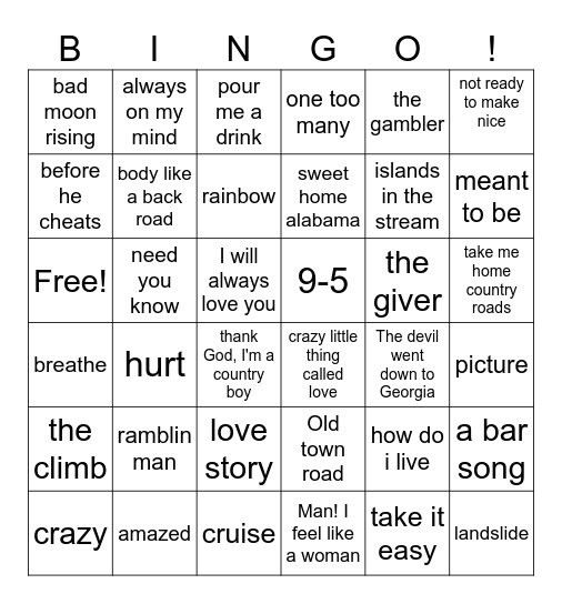 Crossover Songs Bingo Card