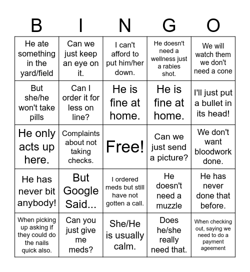 Vet Reception Bingo Card