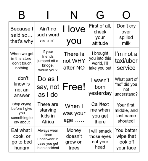 MOMisms Bingo Card