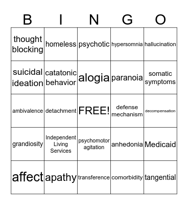 Mental Health Bingo Card