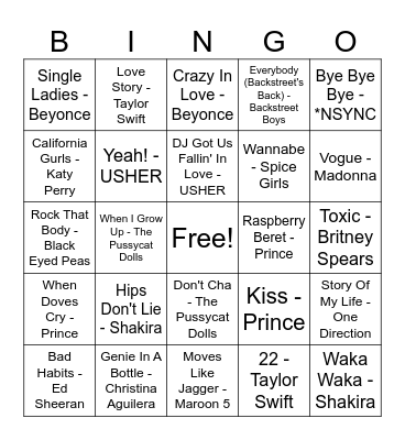Pop Icons Bingo Card