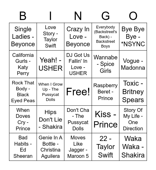 Pop Icons Bingo Card