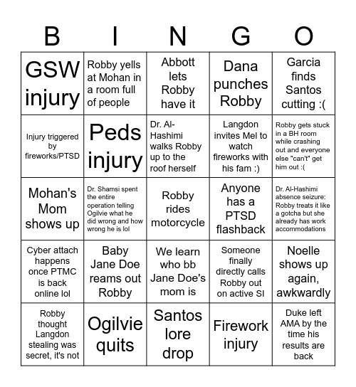 Da Pitt eps 13/14/15 Bingo Card