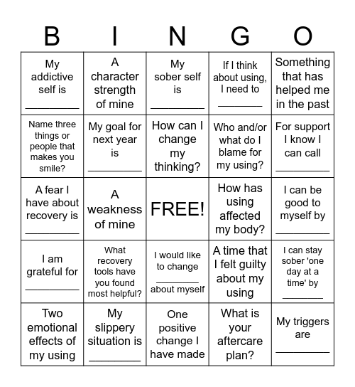 Substance Abuse Recovery BINGO Card