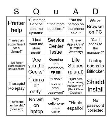 1531 Geek Squad Bingo Card
