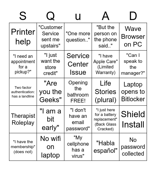 1531 Geek Squad Bingo Card