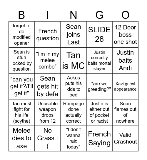 Raid Bingo Card Bingo Card
