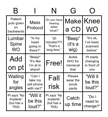 MRI BINGO Card
