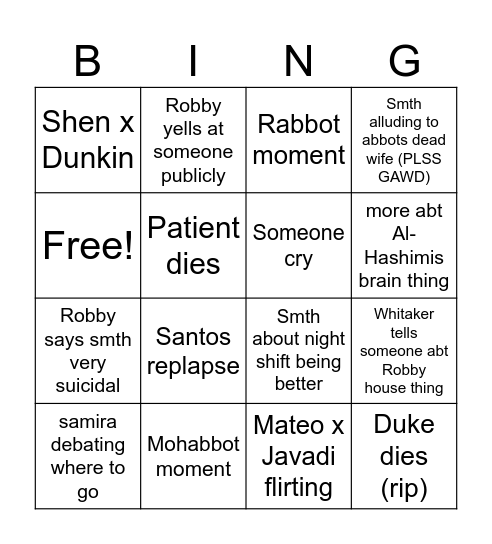 The Pitt e13 Bingo Card
