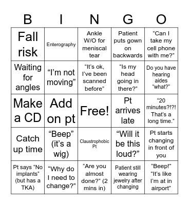 MRI Bingo Card