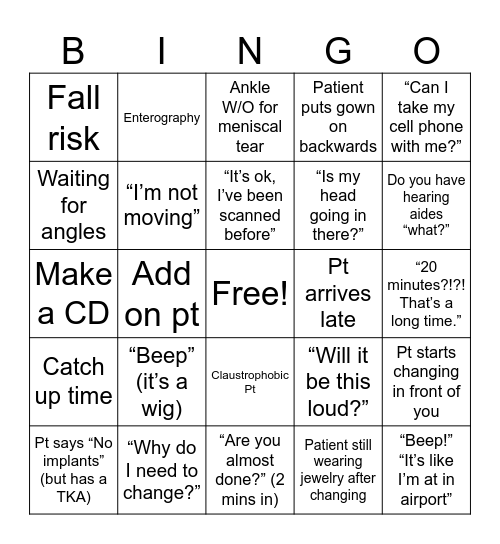 MRI Bingo Card