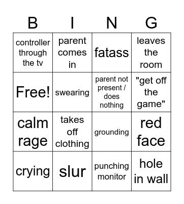 kid rage bingo Card