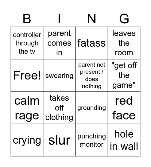 kid rage bingo Card