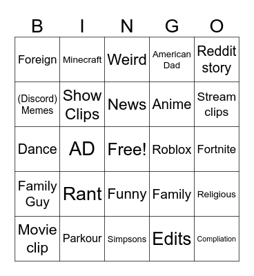 Youtube Shorts Bingo Card