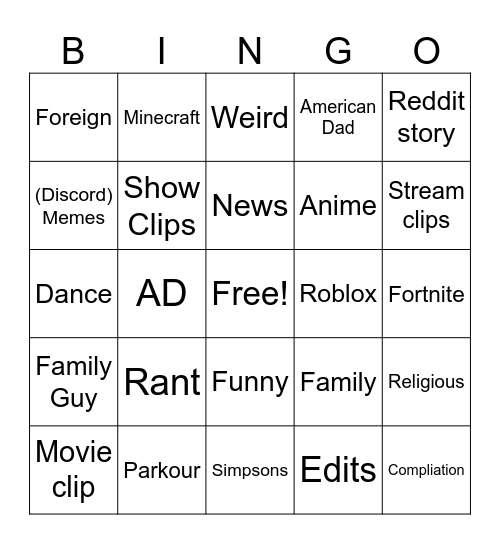 Youtube Shorts Bingo Card