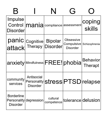 Mental Health Bingo Card