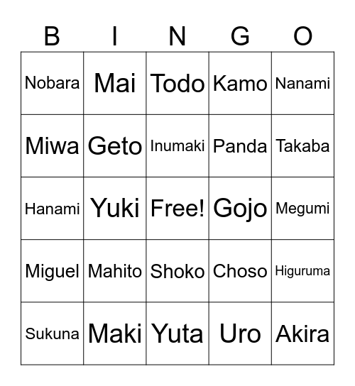 Ayin JJK Character Predictions Bingo Card