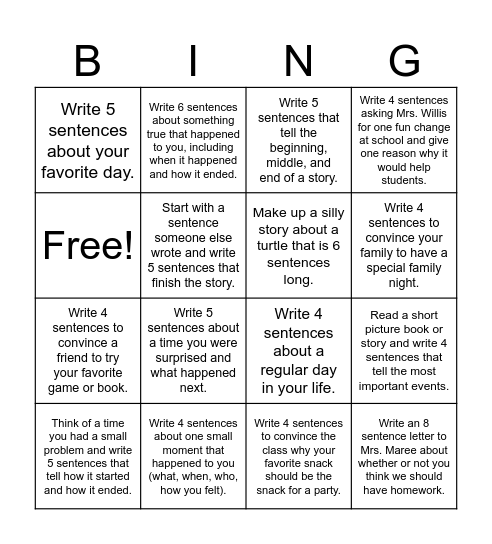 Writing Bingo Card