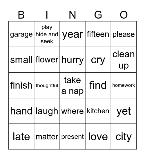New Pre Let's 4 Bingo Card