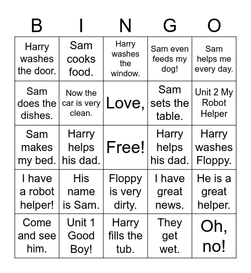 50-word  Reading Unit 1, 2 Bingo Card