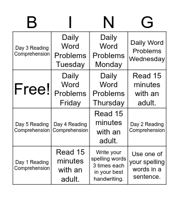 Homework Bingo- Group 1 (1/23-1/27) Bingo Card
