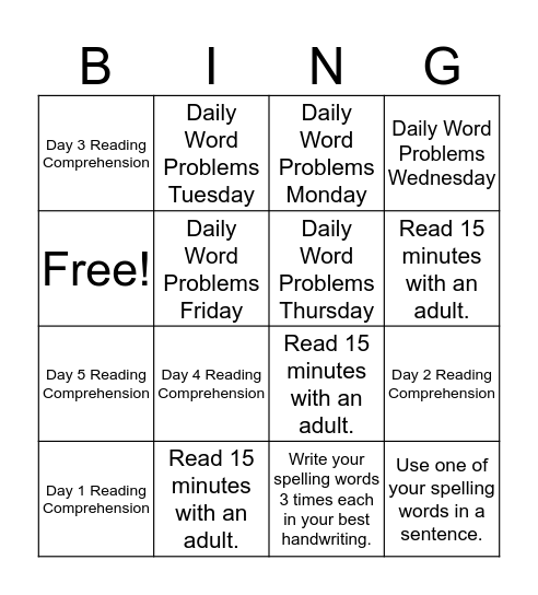 Homework Bingo- Group 1 (1/23-1/27) Bingo Card