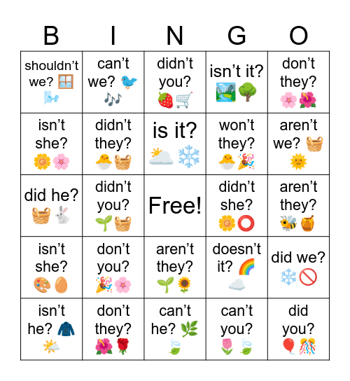 B20 L4 B Tag questions Bingo Card