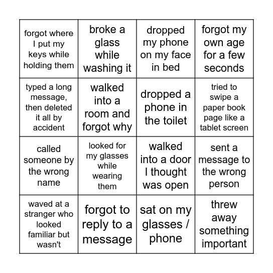 Clumsy Bingo Card