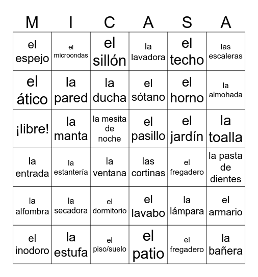 Partes de la casa Bingo Card