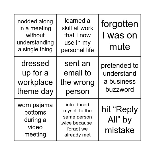Never Have I Ever... Bingo Card