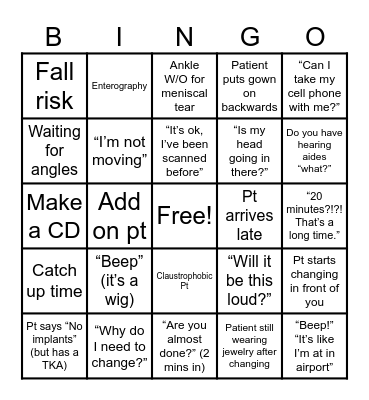 MRI Bingo Card